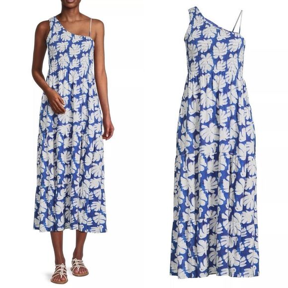 NZT NIC & ZOE Blue & White Shadow Palm One-Shoulder Smocked Dress Sz. Medium NEW - Picture 2 of 15
